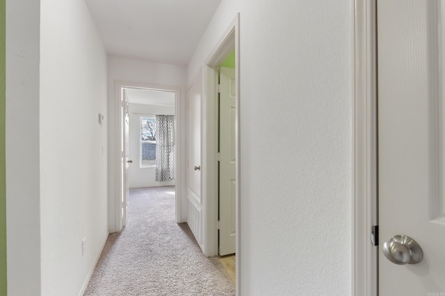 corridor featuring light colored carpet