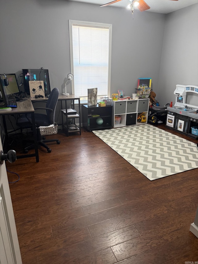 office with ceiling fan and dark hardwood / wood-style floors