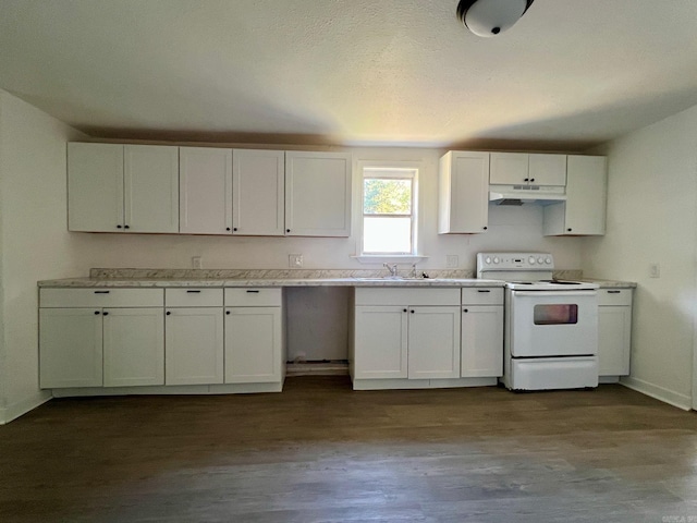 kitchen with light hardwood / wood-style flooring, white electric stove, white cabinetry, and sink