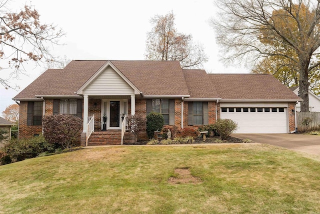 single story home featuring a front yard and a garage