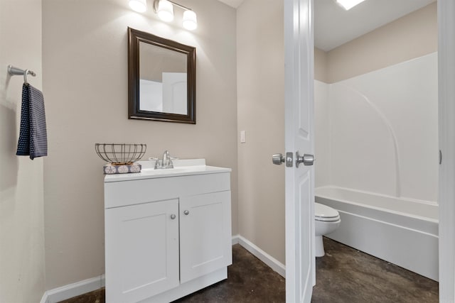 full bathroom with vanity, concrete flooring,  shower combination, and toilet