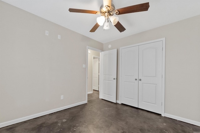 unfurnished bedroom with a closet and ceiling fan