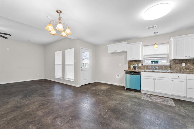 kitchen featuring backsplash, stainless steel dishwasher, sink, pendant lighting, and white cabinetry