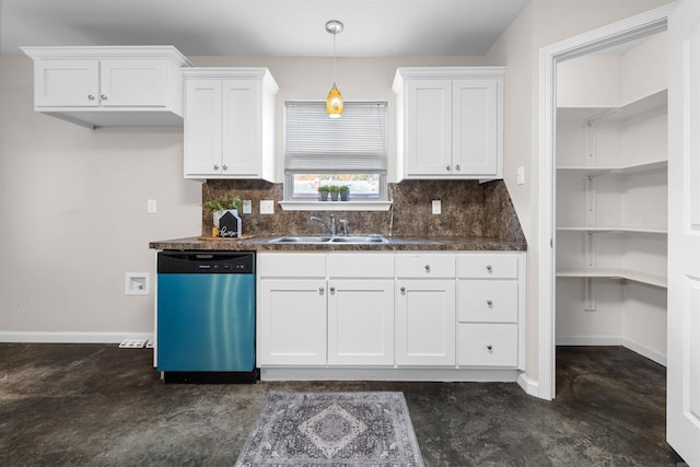 kitchen with pendant lighting, dishwasher, sink, tasteful backsplash, and white cabinetry