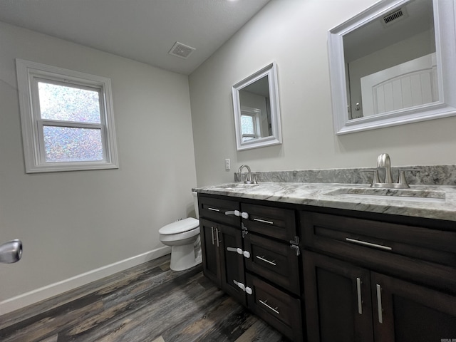 bathroom with vanity, wood-type flooring, and toilet