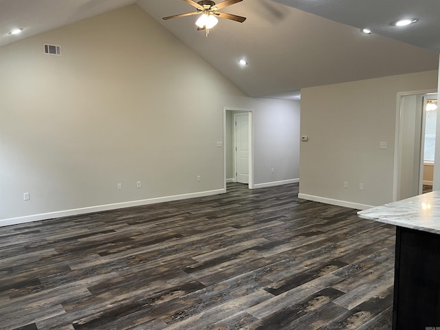 unfurnished living room featuring ceiling fan, high vaulted ceiling, and dark hardwood / wood-style floors