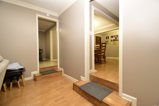 corridor with light hardwood / wood-style floors and crown molding