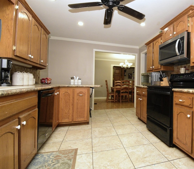 kitchen with decorative backsplash, ornamental molding, ceiling fan with notable chandelier, black appliances, and light tile patterned floors