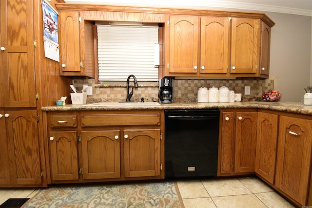 kitchen featuring tasteful backsplash, ornamental molding, sink, light tile patterned floors, and dishwasher