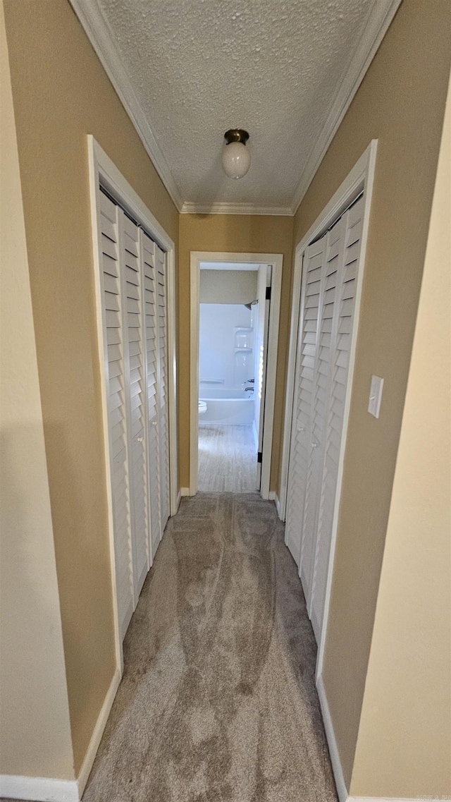 hall with light carpet, a textured ceiling, and ornamental molding