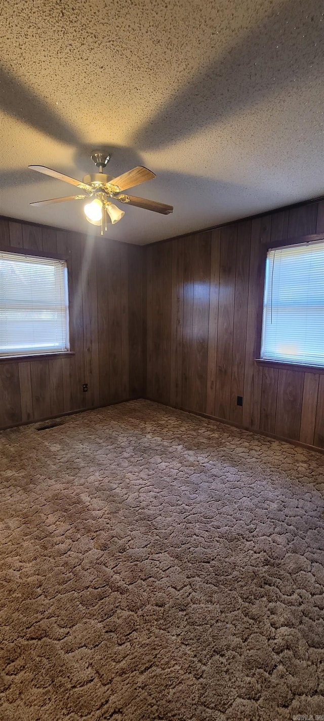 unfurnished room with carpet, a healthy amount of sunlight, a textured ceiling, and wooden walls