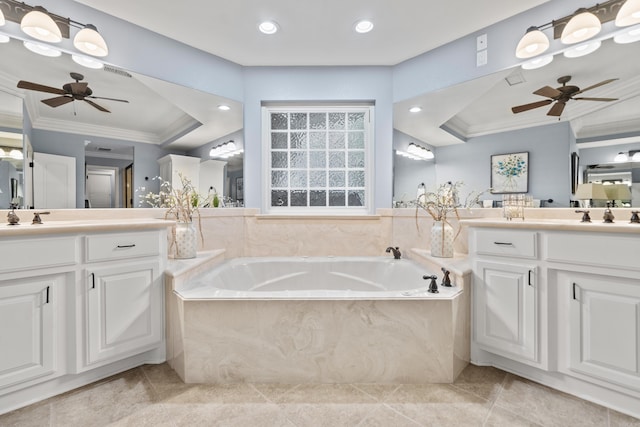 bathroom featuring vanity, crown molding, tile patterned flooring, ceiling fan, and a tub