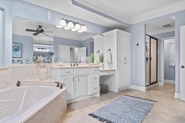 bathroom with ceiling fan, tile patterned flooring, separate shower and tub, vanity, and ornamental molding