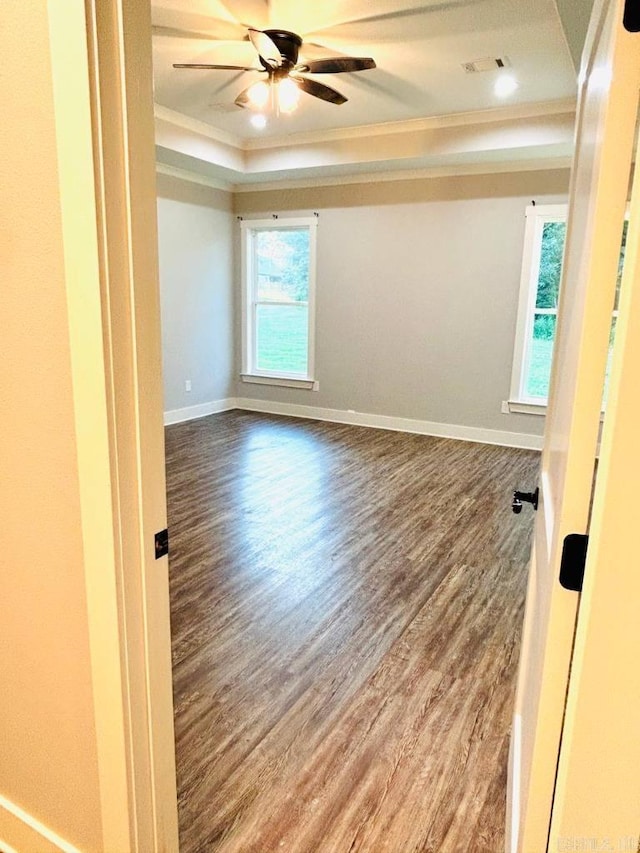 unfurnished room featuring hardwood / wood-style floors, a tray ceiling, and ceiling fan