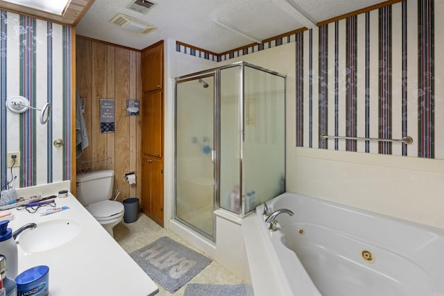 full bathroom featuring toilet, vanity, separate shower and tub, and wooden walls