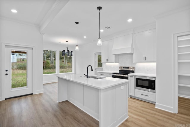 kitchen featuring white cabinetry, sink, stainless steel appliances, an island with sink, and custom range hood