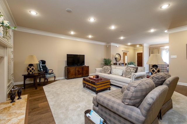 living room with a fireplace, wood-type flooring, and crown molding