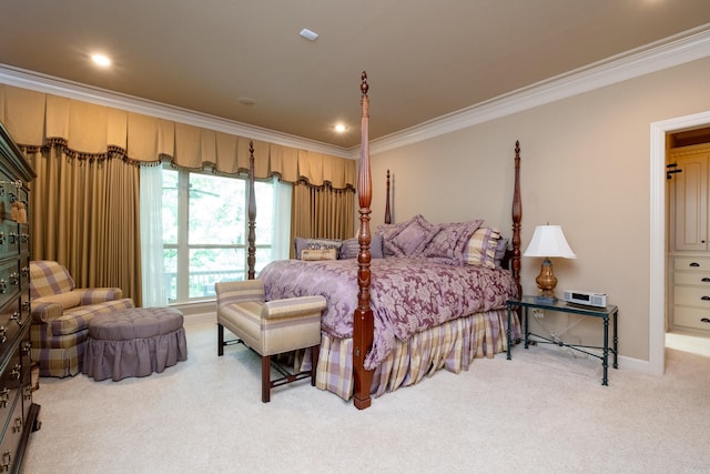 bedroom with light colored carpet and crown molding