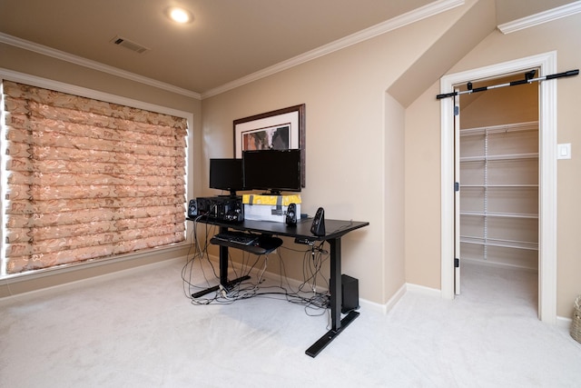 office area with carpet and ornamental molding