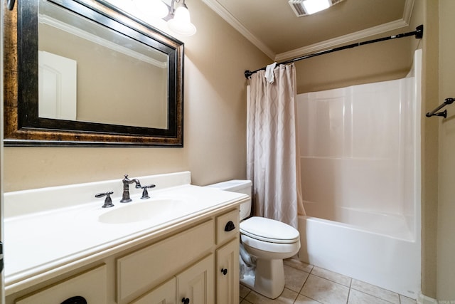 full bathroom with shower / bath combination with curtain, tile patterned floors, ornamental molding, vanity, and toilet