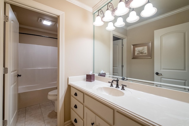 full bathroom featuring tile patterned flooring, crown molding,  shower combination, toilet, and vanity