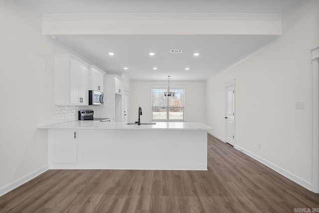 kitchen with white cabinetry, sink, dark wood-type flooring, kitchen peninsula, and appliances with stainless steel finishes