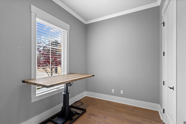 home office featuring wood-type flooring and ornamental molding