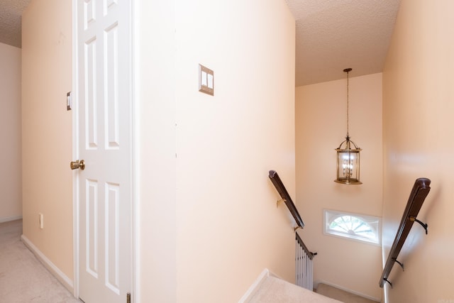 stairs featuring carpet flooring and a textured ceiling