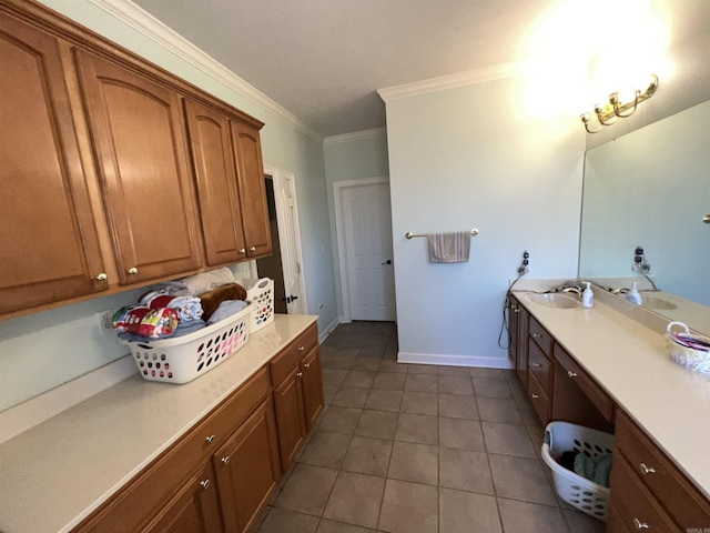 bathroom with tile patterned flooring and ornamental molding