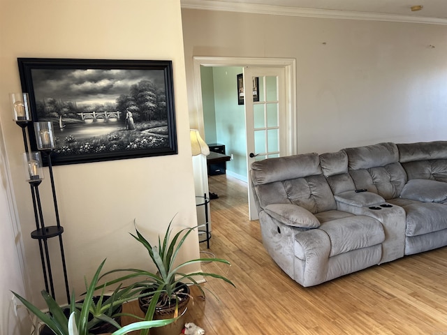 living room with crown molding and light hardwood / wood-style flooring