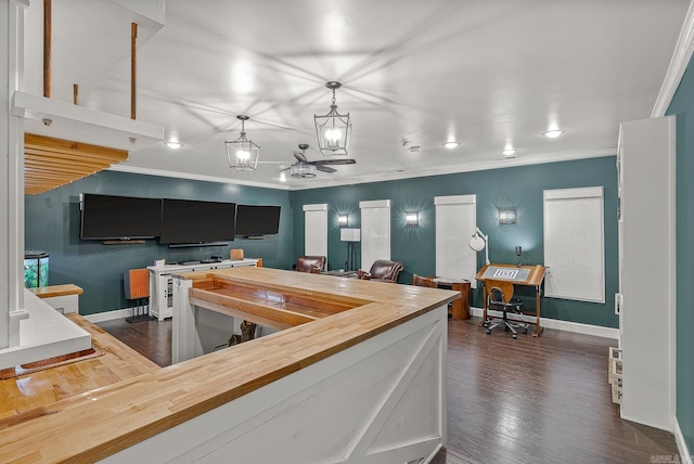 kitchen with ceiling fan, hanging light fixtures, wooden counters, dark hardwood / wood-style floors, and ornamental molding