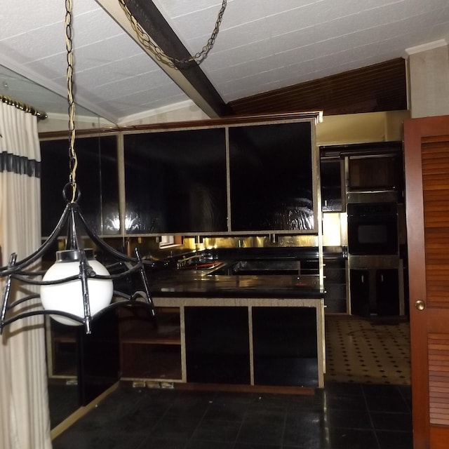 kitchen with vaulted ceiling with beams and oven