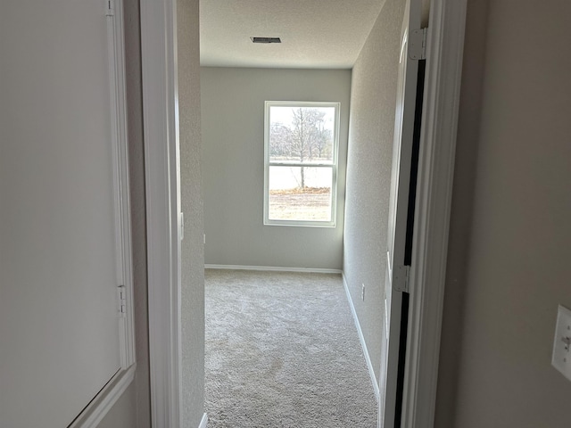 corridor with carpet floors and a textured ceiling