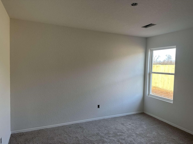 empty room with a textured ceiling and carpet flooring