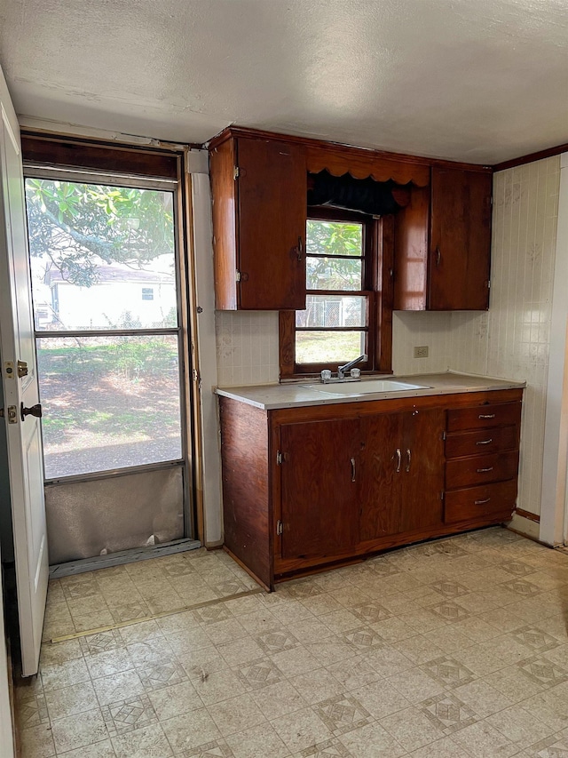 kitchen with a textured ceiling and sink