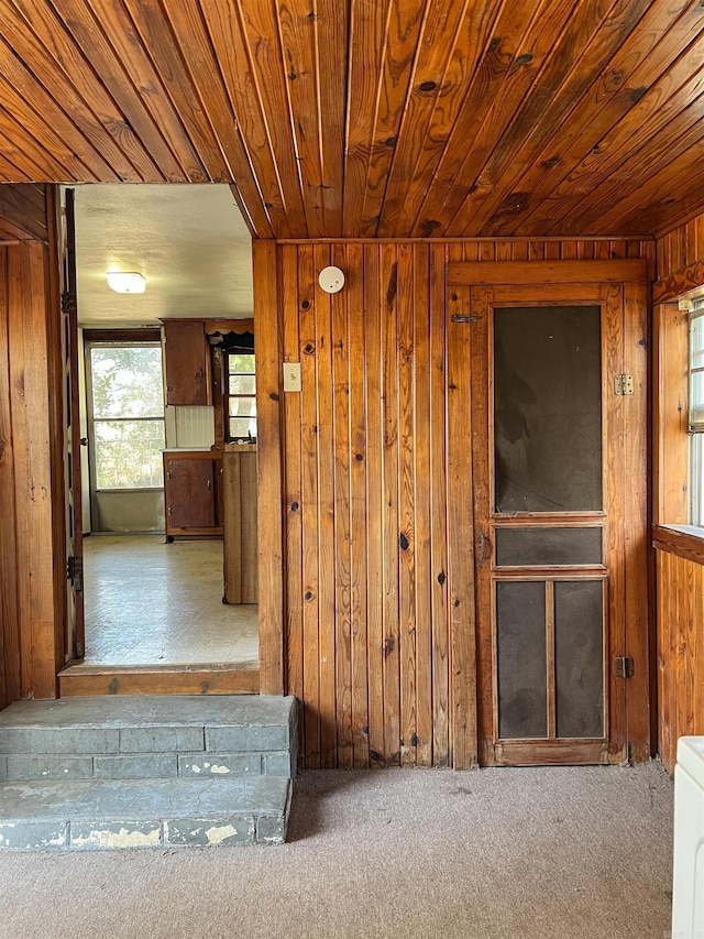 corridor featuring wood ceiling and wood walls