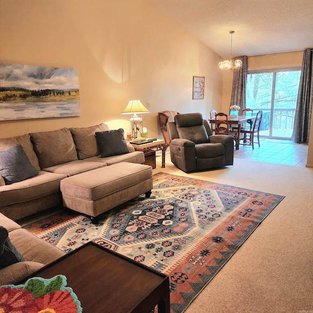 living room featuring light colored carpet, vaulted ceiling, and a notable chandelier