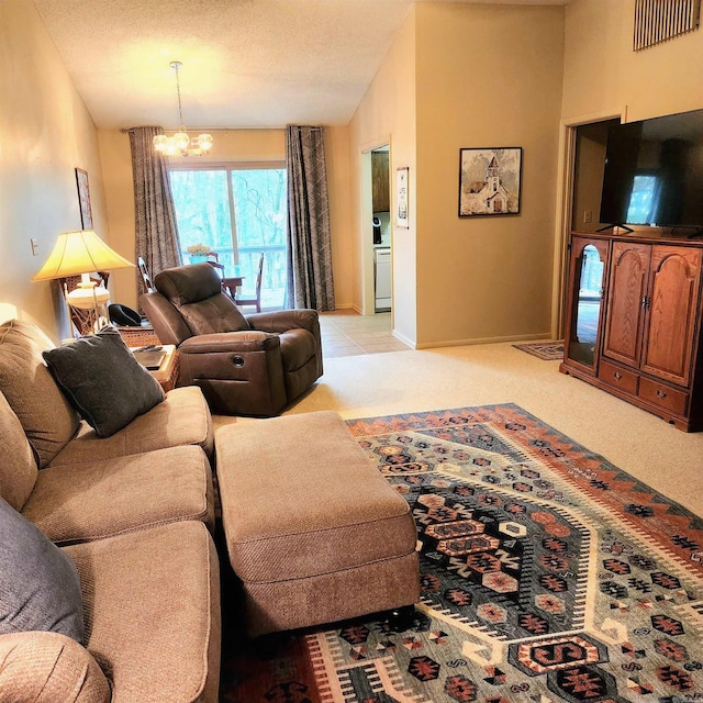 carpeted living room with a notable chandelier, a textured ceiling, and vaulted ceiling