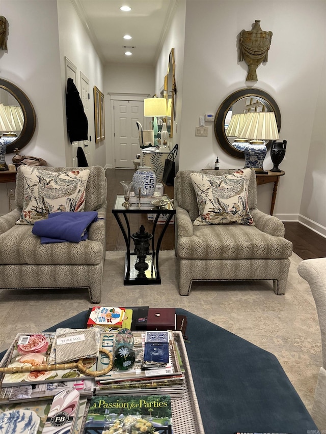 living room with crown molding