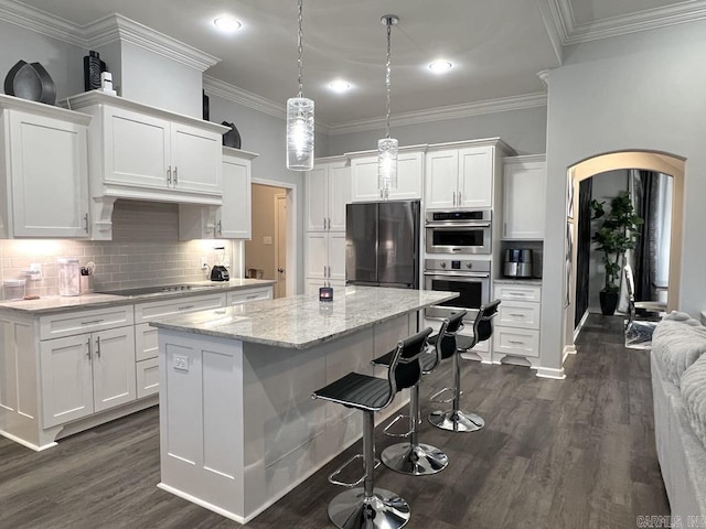 kitchen with white cabinets, black electric cooktop, refrigerator, and dark hardwood / wood-style flooring