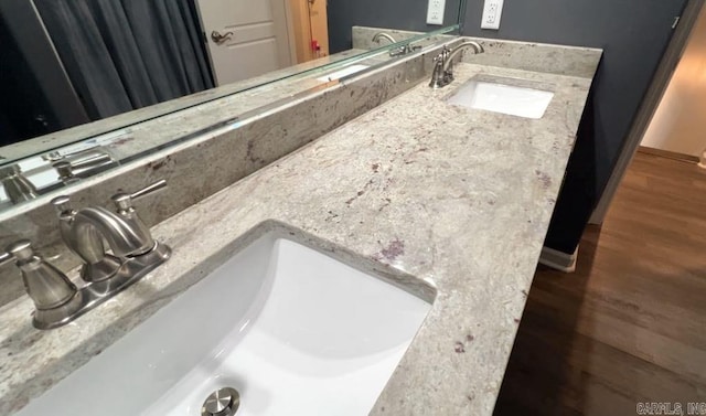 bathroom with hardwood / wood-style floors and vanity