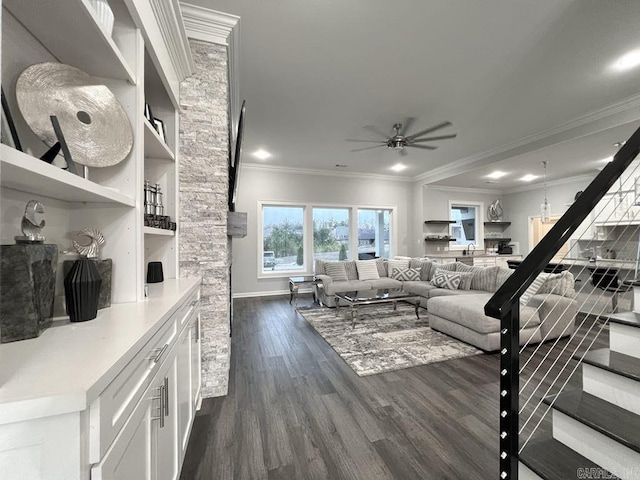 living room featuring crown molding, ceiling fan, and dark wood-type flooring