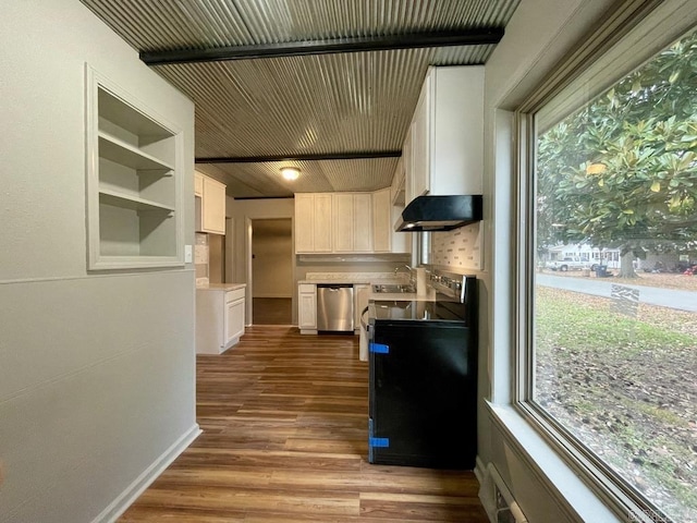 kitchen with electric range oven, stainless steel dishwasher, white cabinetry, a sink, and wood finished floors