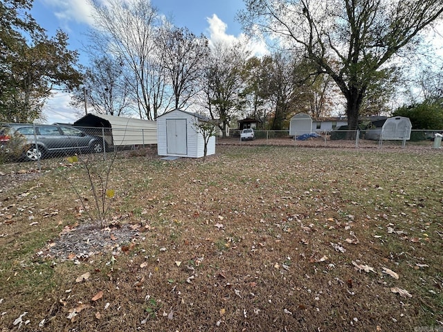 view of yard featuring a storage unit