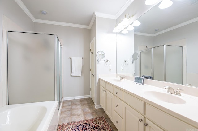 bathroom featuring tile patterned flooring, vanity, independent shower and bath, and crown molding