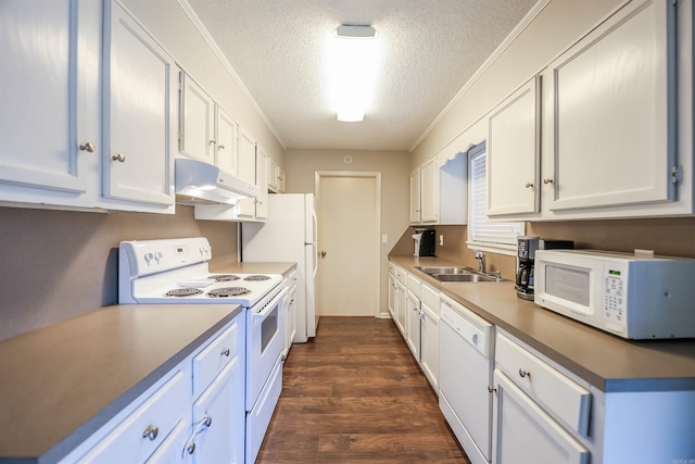 kitchen with sink, dark hardwood / wood-style flooring, a textured ceiling, white appliances, and white cabinets