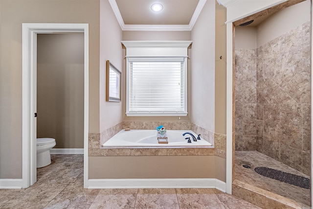 bathroom with separate shower and tub, crown molding, and toilet