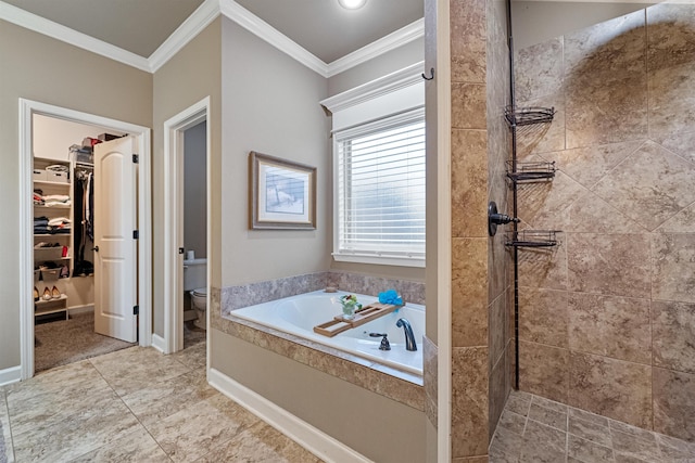 bathroom with crown molding, shower with separate bathtub, and toilet