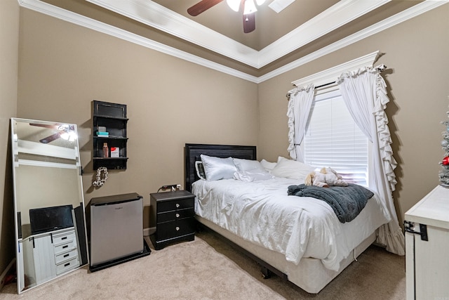 bedroom featuring ceiling fan, light colored carpet, fridge, and ornamental molding