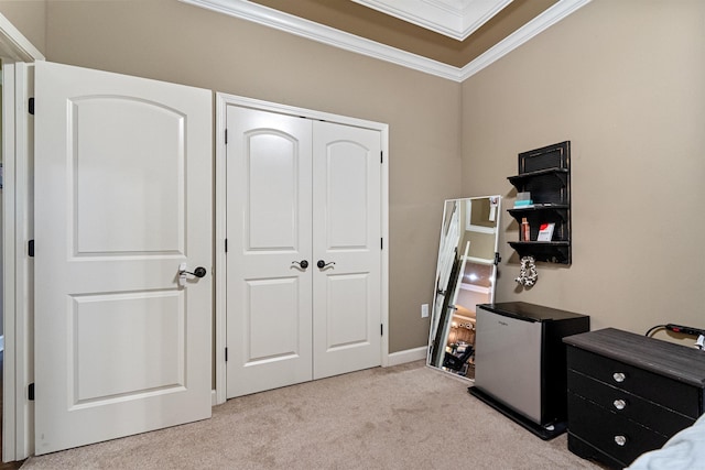 carpeted office with ornamental molding